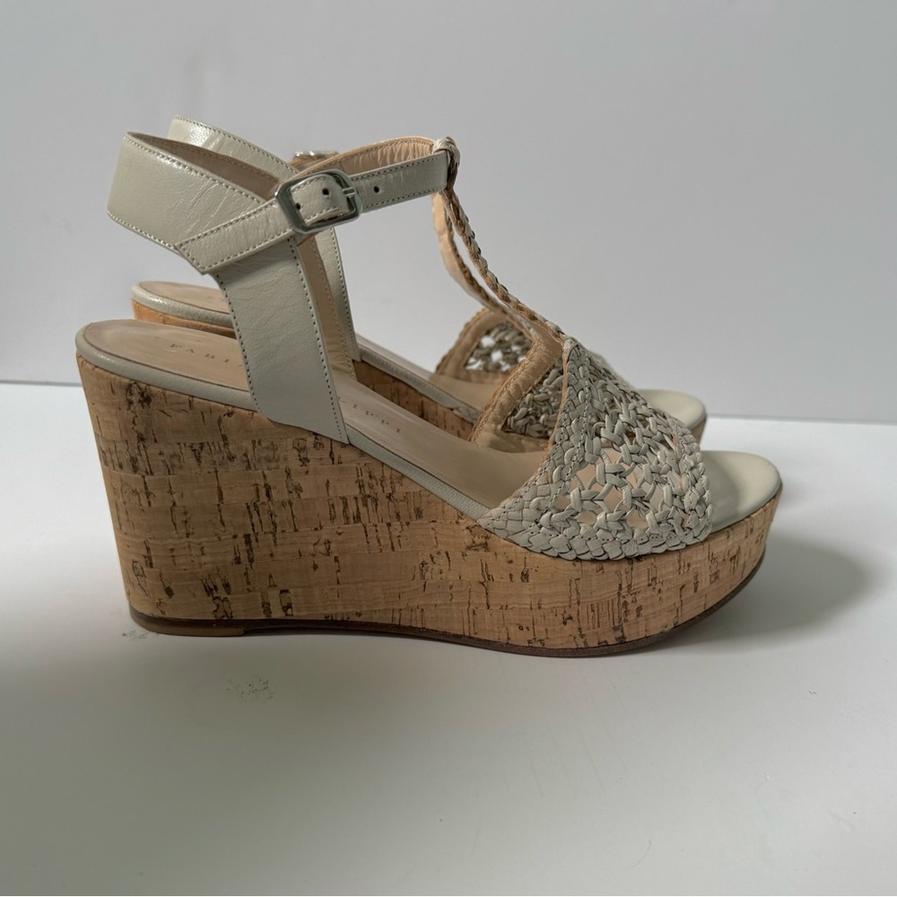 Fabiana Filippi designer greige/beige woven leather cork wedge sandals, 7